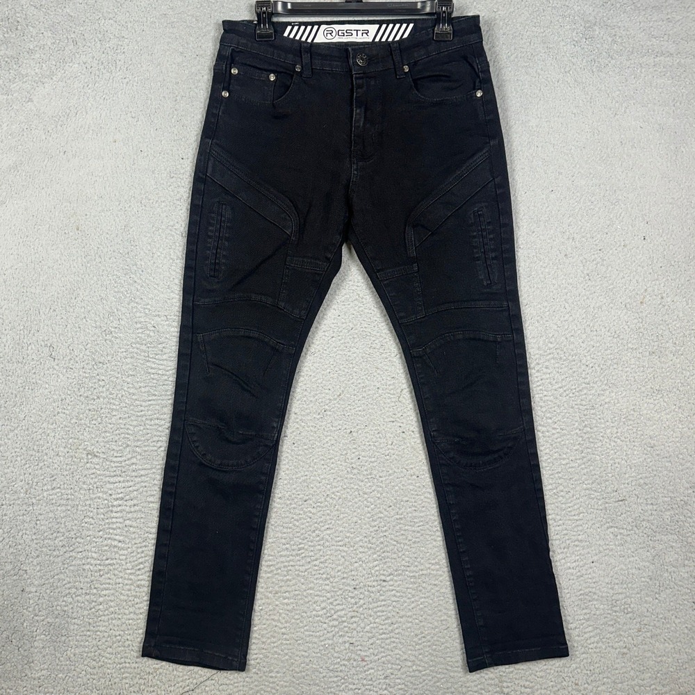 GSTR Jeans Mens 30 Black Slim Fit Motor Biker Denim Cargo Pockets Stretch EUC
